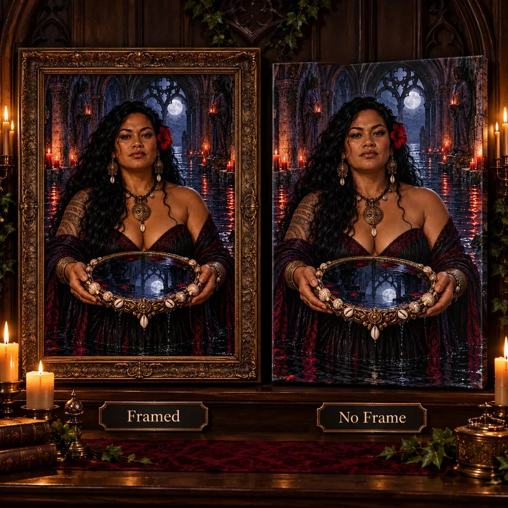 Framed and no-frame Tidal Mirror Witch designs shown side by side.