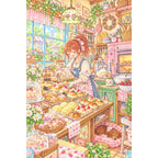 Original white-background artwork of a red-haired baker in a tiny bakery surrounded by pastries