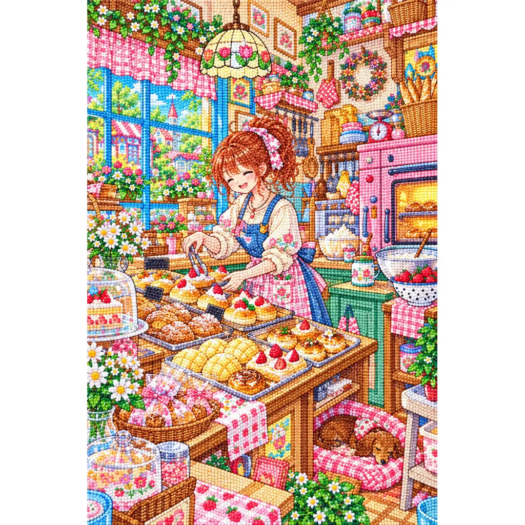 White-background diamond-painted canvas showing a red-haired baker in a tiny bakery surrounded by pastries