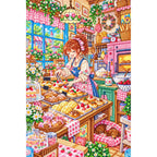 White-background diamond-painted canvas showing a red-haired baker in a tiny bakery surrounded by pastries