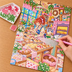 Hands placing diamond drills on the tiny bakery owner canvas