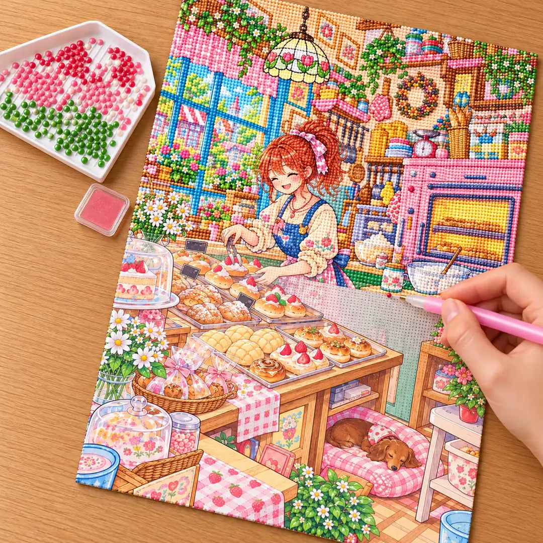 Hands placing diamond drills on the tiny bakery owner canvas