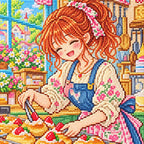 Close-up of faceted drills forming a red-haired baker in a tiny bakery surrounded by pastries