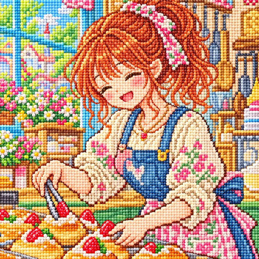 Close-up of faceted drills forming a red-haired baker in a tiny bakery surrounded by pastries
