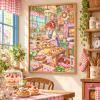 Framed diamond painting of a red-haired baker in a tiny bakery surrounded by pastries displayed in a home interior