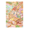 Original white-background artwork of a red-haired baker in a tiny bakery surrounded by pastries