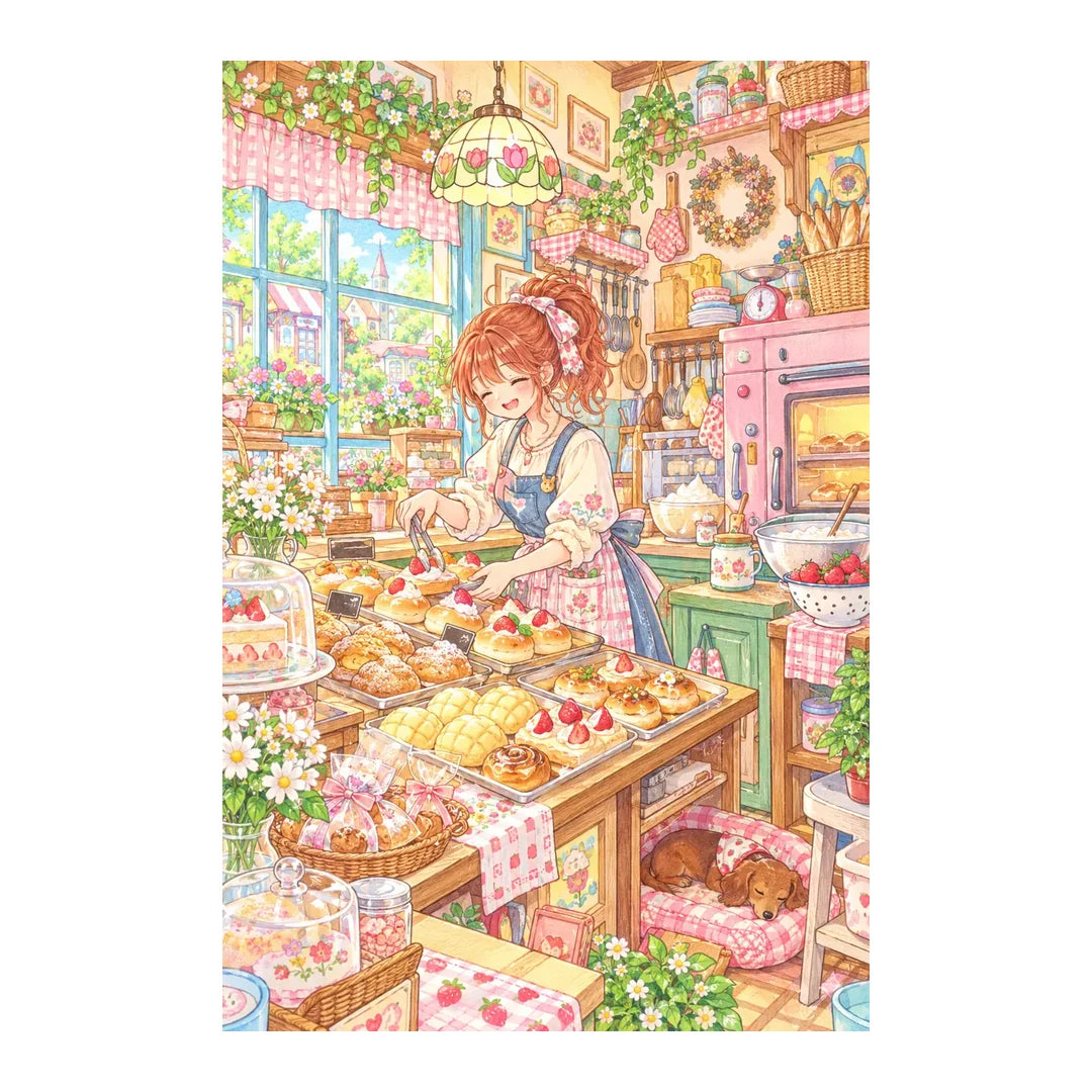 Original white-background artwork of a red-haired baker in a tiny bakery surrounded by pastries