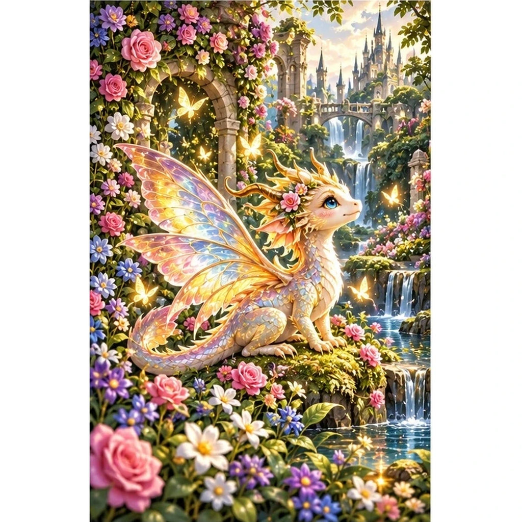 Tiny Fairy Dragon Flower Garden — original artwork on a clean white background
