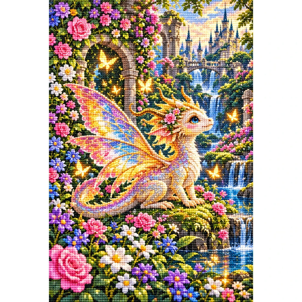Tiny Fairy Dragon Flower Garden — finished diamond painting on a white background