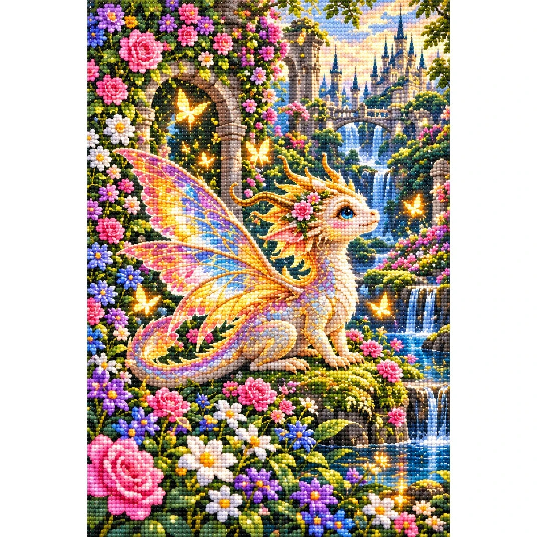Tiny Fairy Dragon Flower Garden — finished diamond painting on a white background