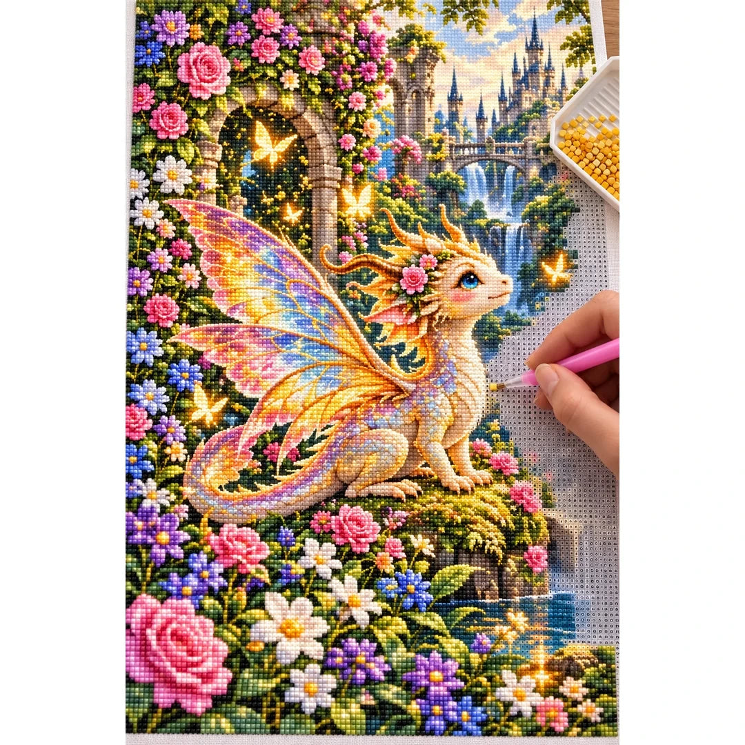 Tiny Fairy Dragon Flower Garden — diamond painting process with applicator pen