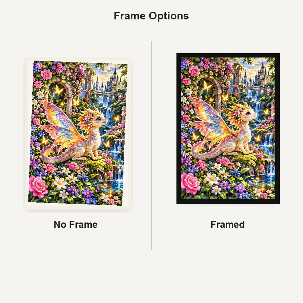 Tiny Fairy Dragon Flower Garden — No Frame and Framed style comparison