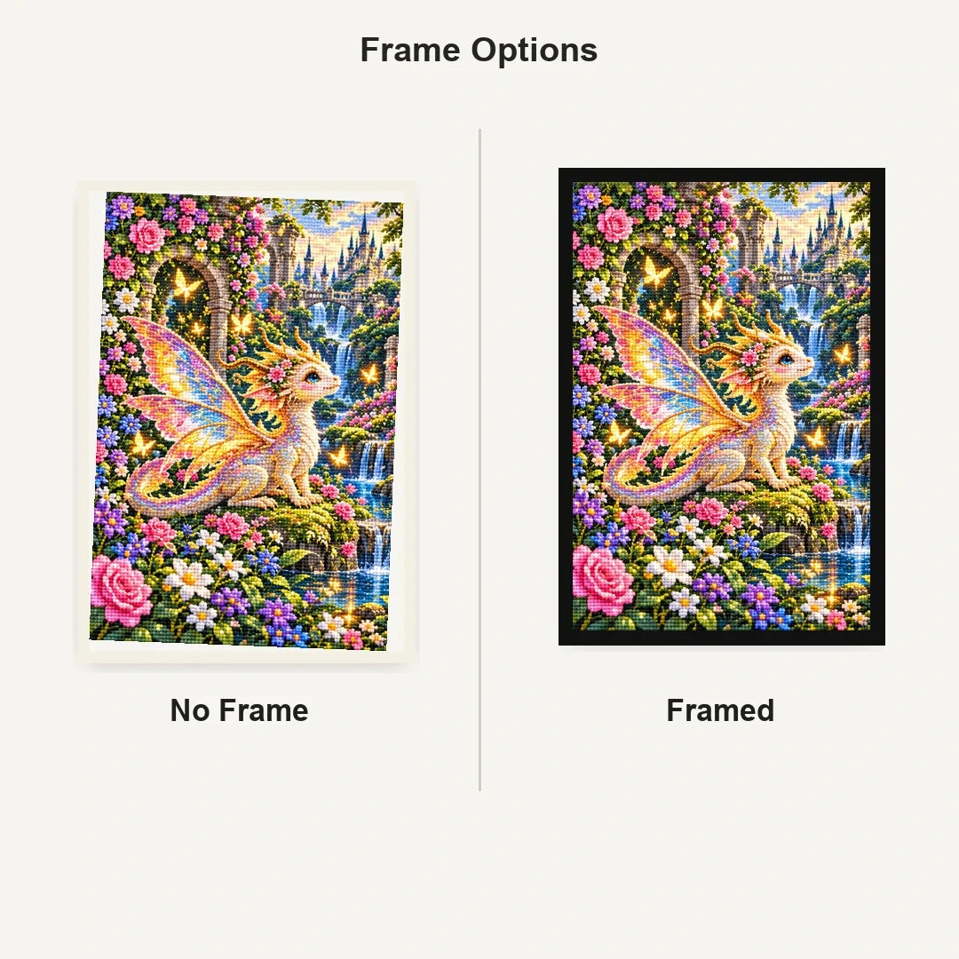 Tiny Fairy Dragon Flower Garden — No Frame and Framed style comparison