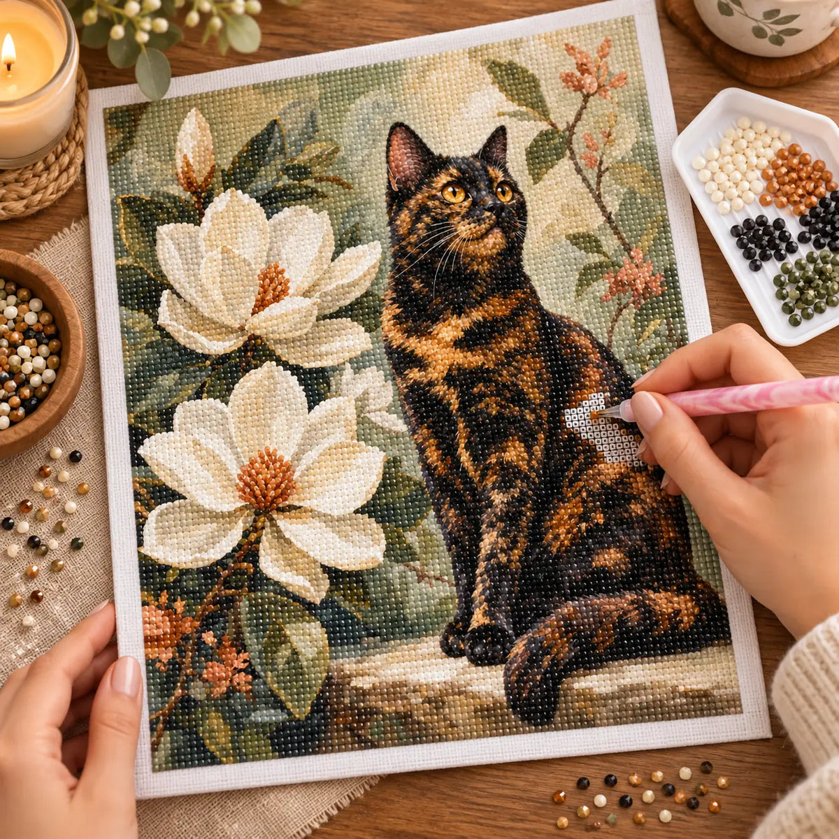 Diamond painting process for Tortoiseshell Among Magnolias Diamond Painting Kit