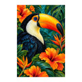 White-background original artwork of a toucan with an orange bill among tropical flowers