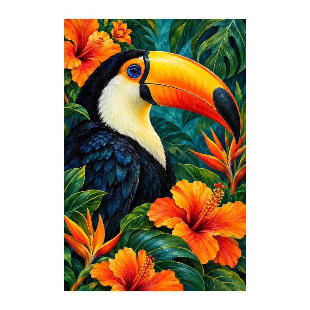 White-background original artwork of a toucan with an orange bill among tropical flowers