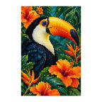 White-background finished diamond painting of a toucan with an orange bill among tropical flowers