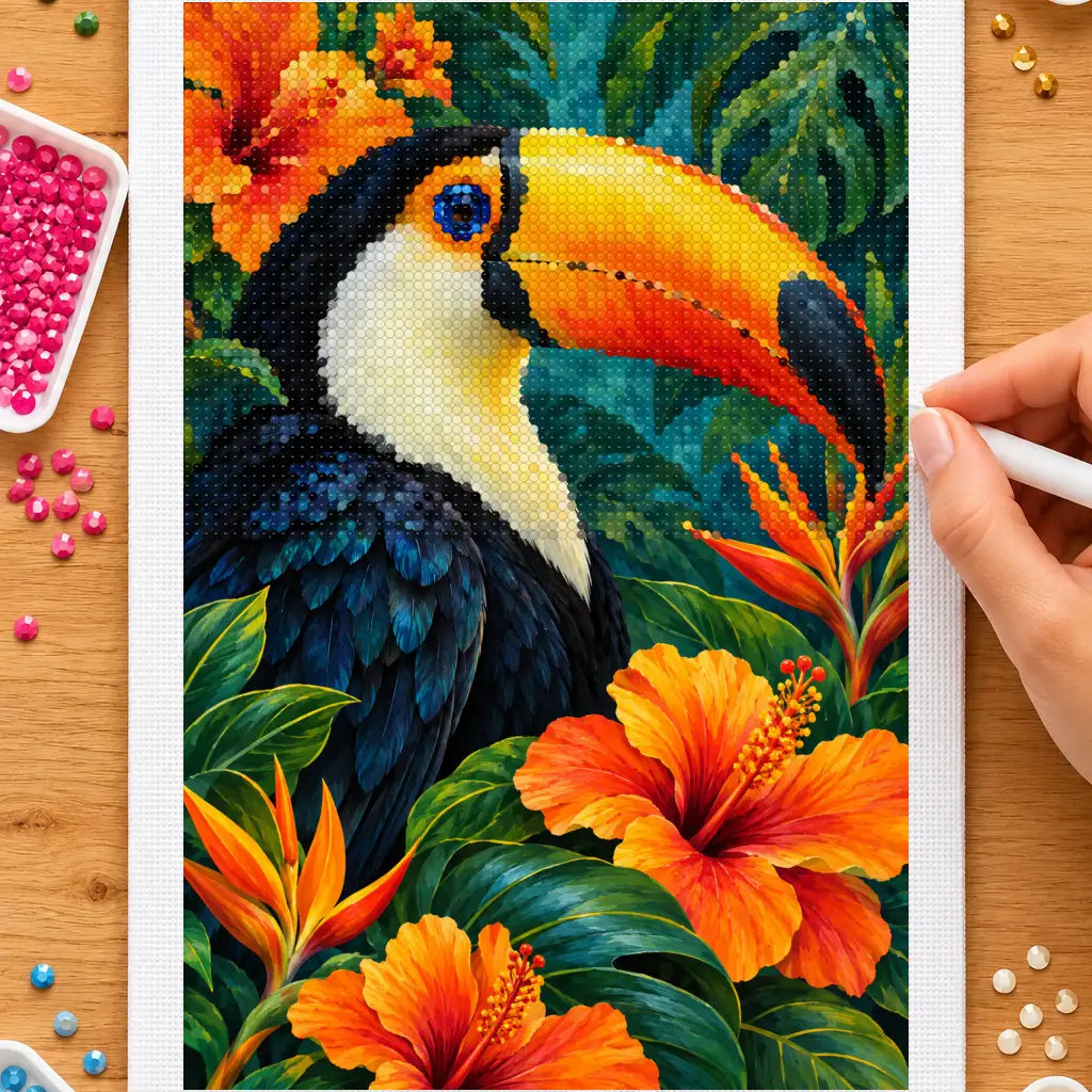Diamond painting process showing a toucan and tropical flowers being completed with a stylus