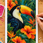 Diamond painting process showing a toucan and tropical flowers being completed with a stylus