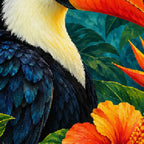 Close-up diamond drill detail of a toucan's orange bill and dark feathers among flowers