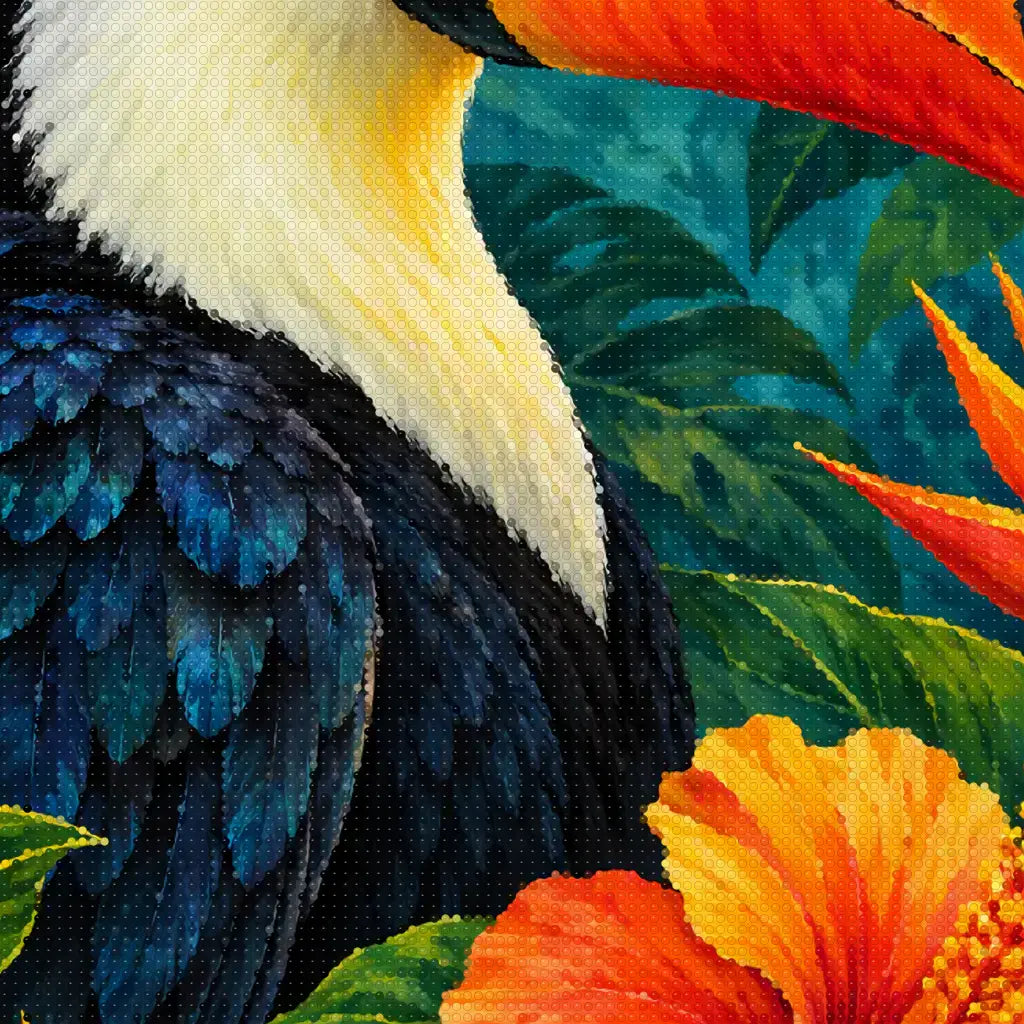 Close-up diamond drill detail of a toucan's orange bill and dark feathers among flowers