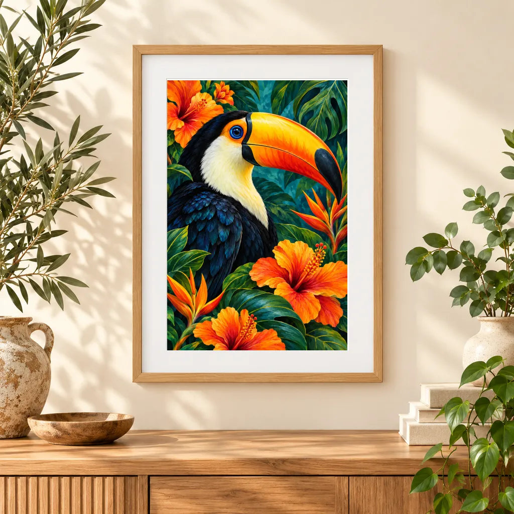 Framed toucan among tropical flowers diamond painting displayed as home decor