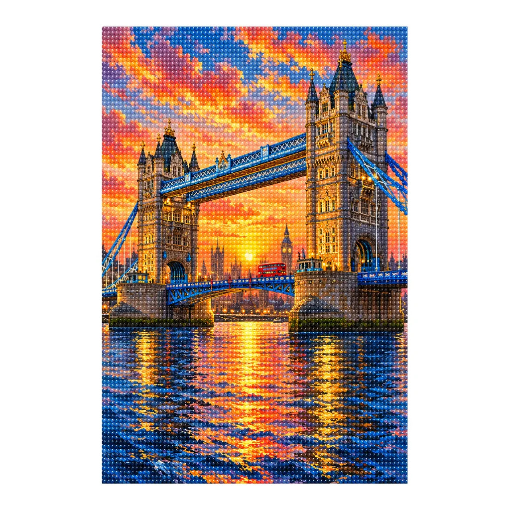 Finished diamond painting of Tower Bridge and the Thames at sunset