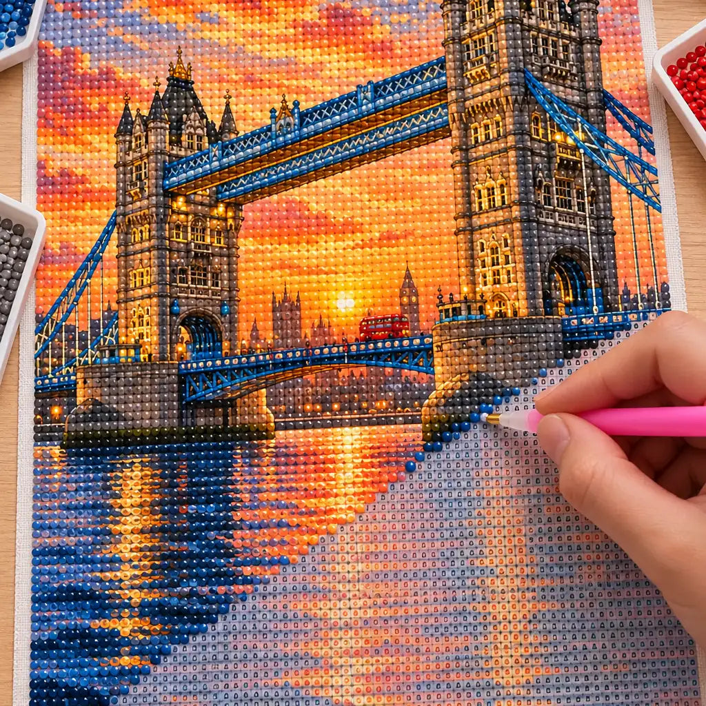Hands placing drills on the Tower Bridge sunset diamond painting