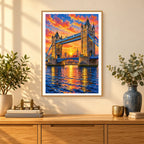 Framed Tower Bridge sunset diamond painting displayed in a home