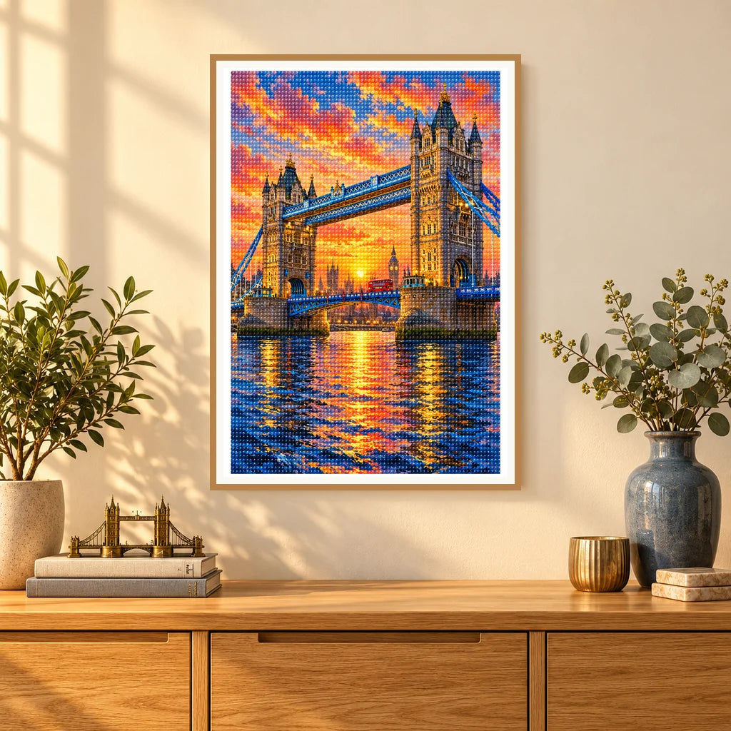 Framed Tower Bridge sunset diamond painting displayed in a home