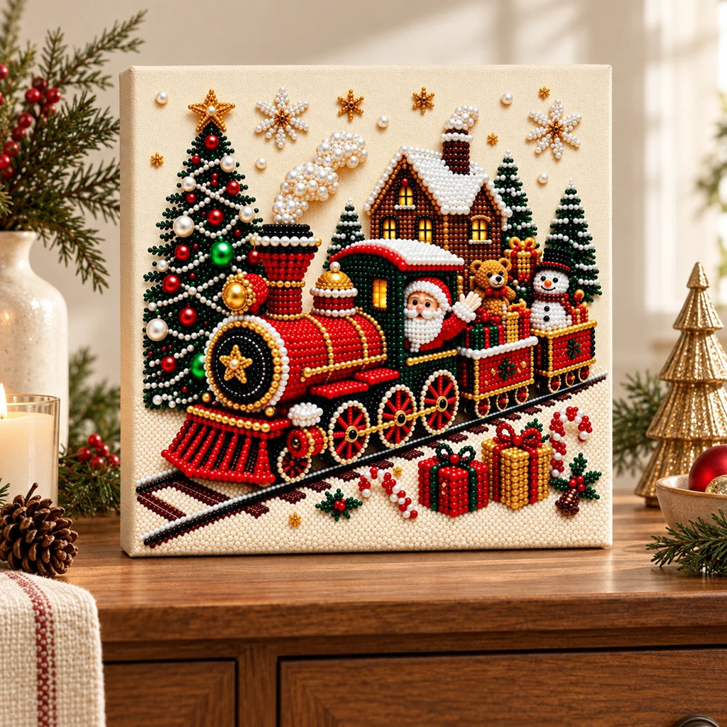 Christmas train pearl diamond painting — finished-art room display illustration; props excluded