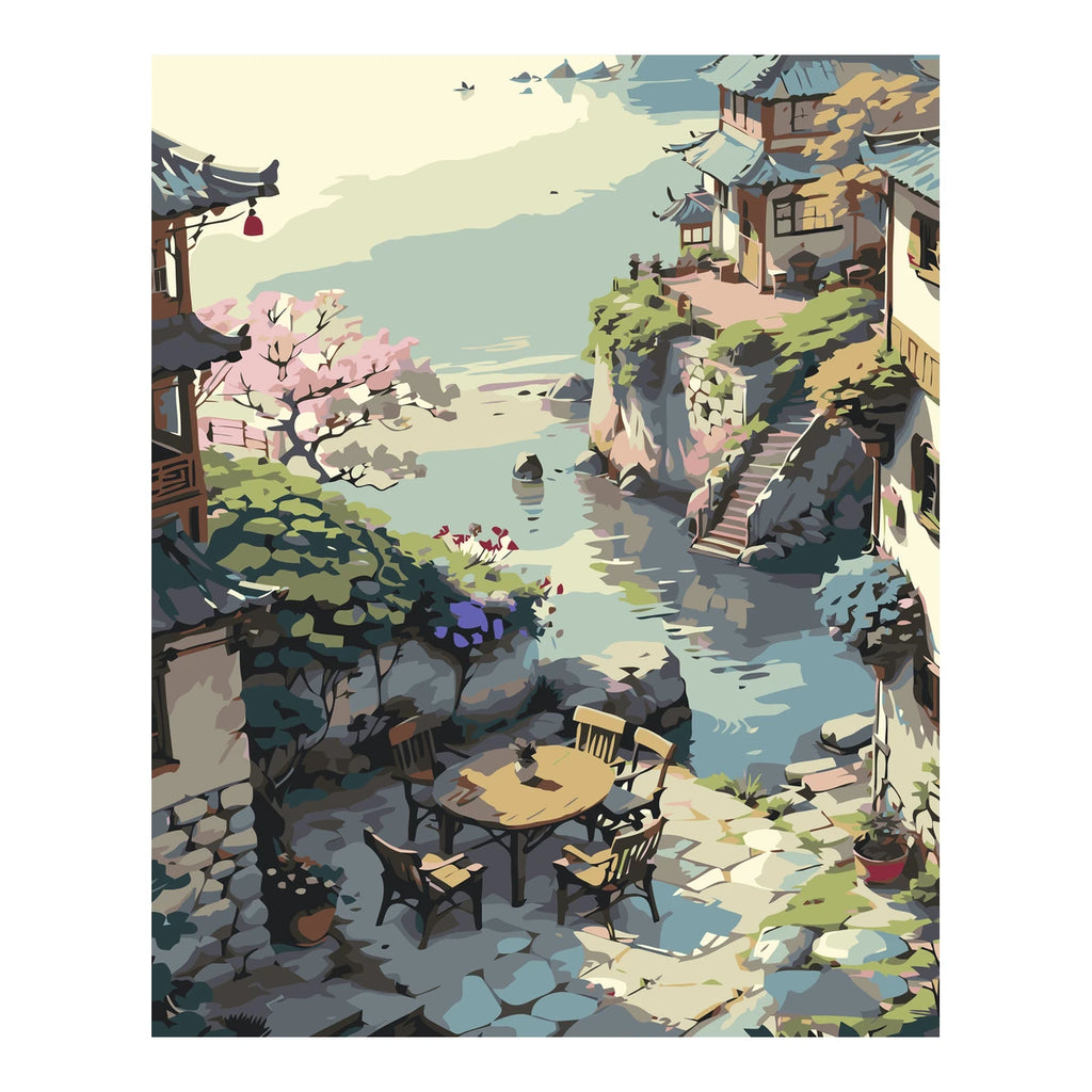 Original landscape artwork for Tranquil Riverside Village Diamond Painting Kit