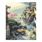 Original landscape artwork for Tranquil Riverside Village Diamond Painting Kit