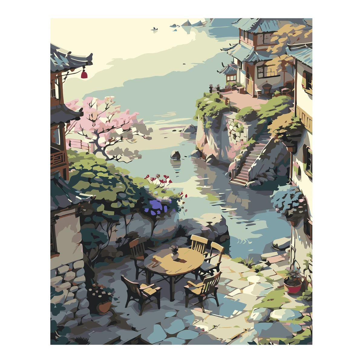 Original landscape artwork for Tranquil Riverside Village Diamond Painting Kit