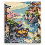 Finished diamond painting of Tranquil Riverside Village with sparkling drills