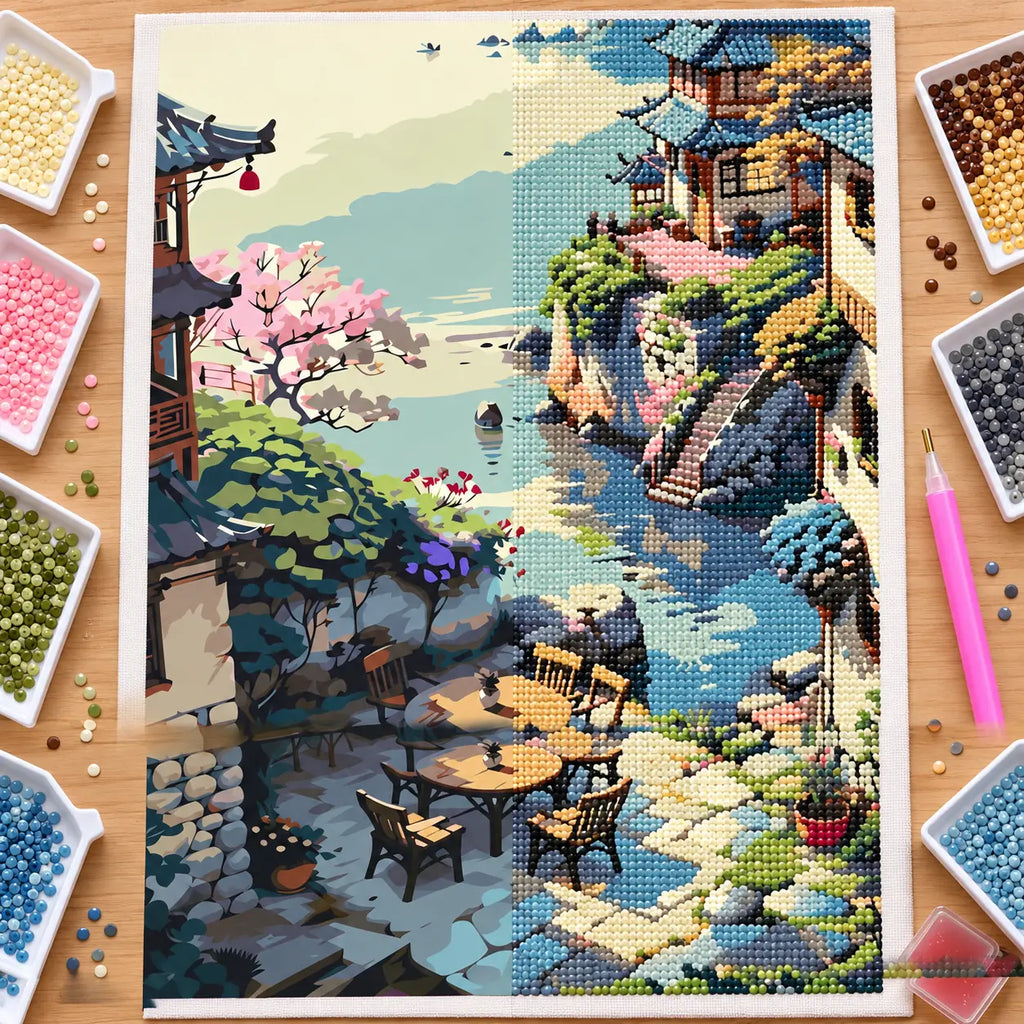 Diamond painting process for Tranquil Riverside Village