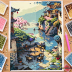 Diamond painting process for Tranquil Riverside Village