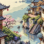 Close-up drill detail of the Tranquil Riverside Village diamond painting