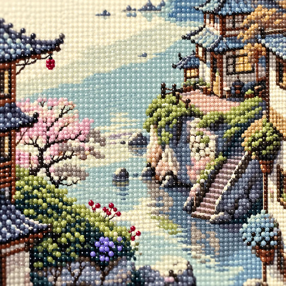 Close-up drill detail of the Tranquil Riverside Village diamond painting
