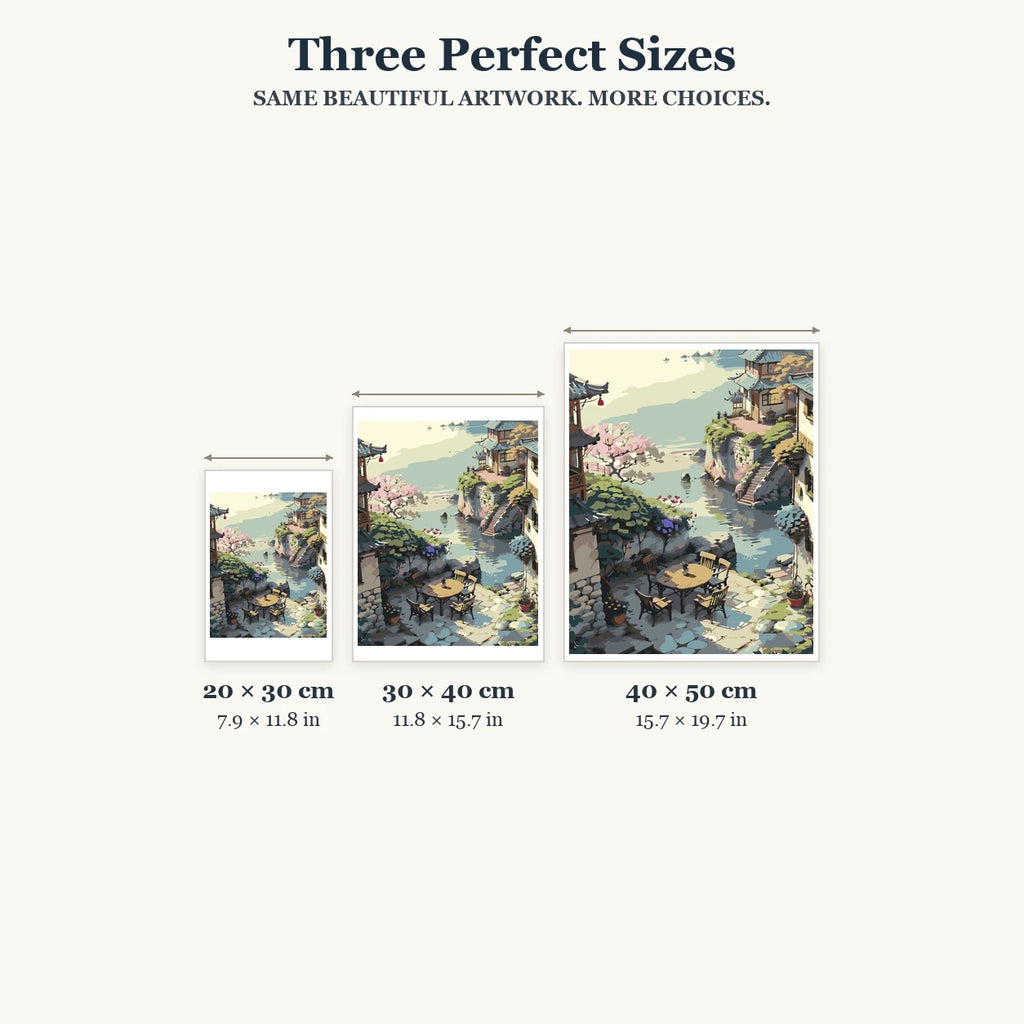 20 × 30, 30 × 40 and 40 × 50 cm size guide for Tranquil Riverside Village