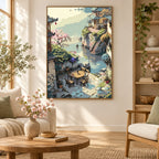 Tranquil Riverside Village diamond painting displayed as home decor