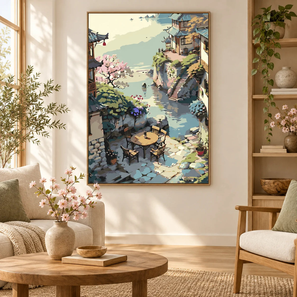 Tranquil Riverside Village diamond painting displayed as home decor