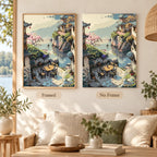 Tranquil Riverside Village diamond painting shown framed and unframed