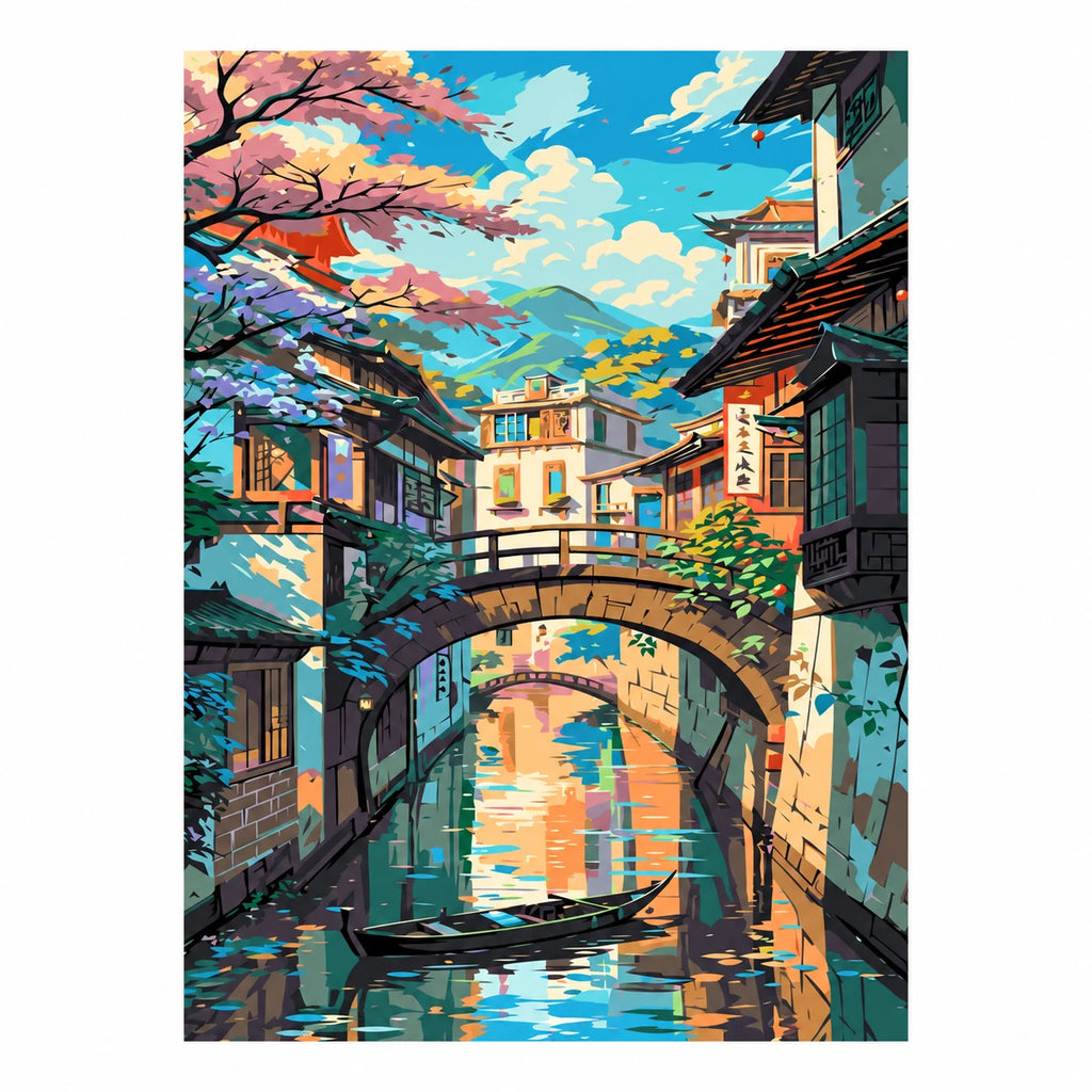 Original artwork for Tranquil Village Canal Diamond Painting Kit, featuring its landscape design.