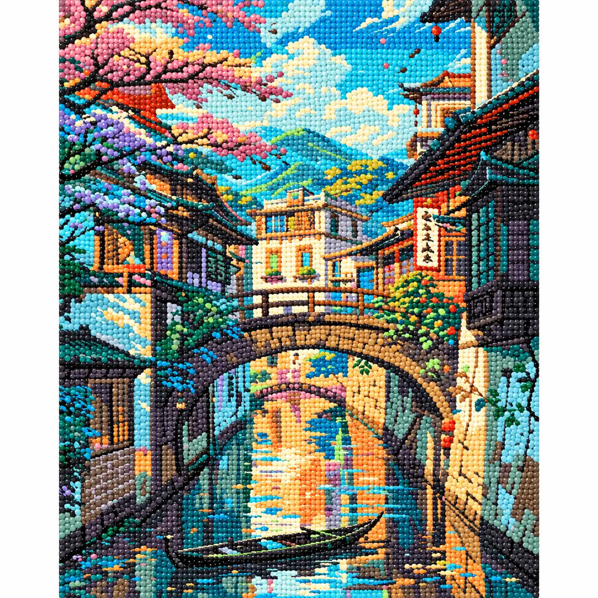 Finished diamond painting of Tranquil Village Canal, showing the complete artwork.