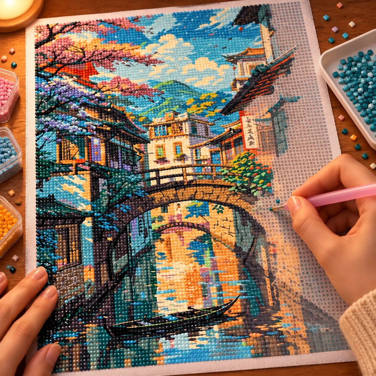 Hands placing diamond drills while working on the Tranquil Village Canal diamond painting.
