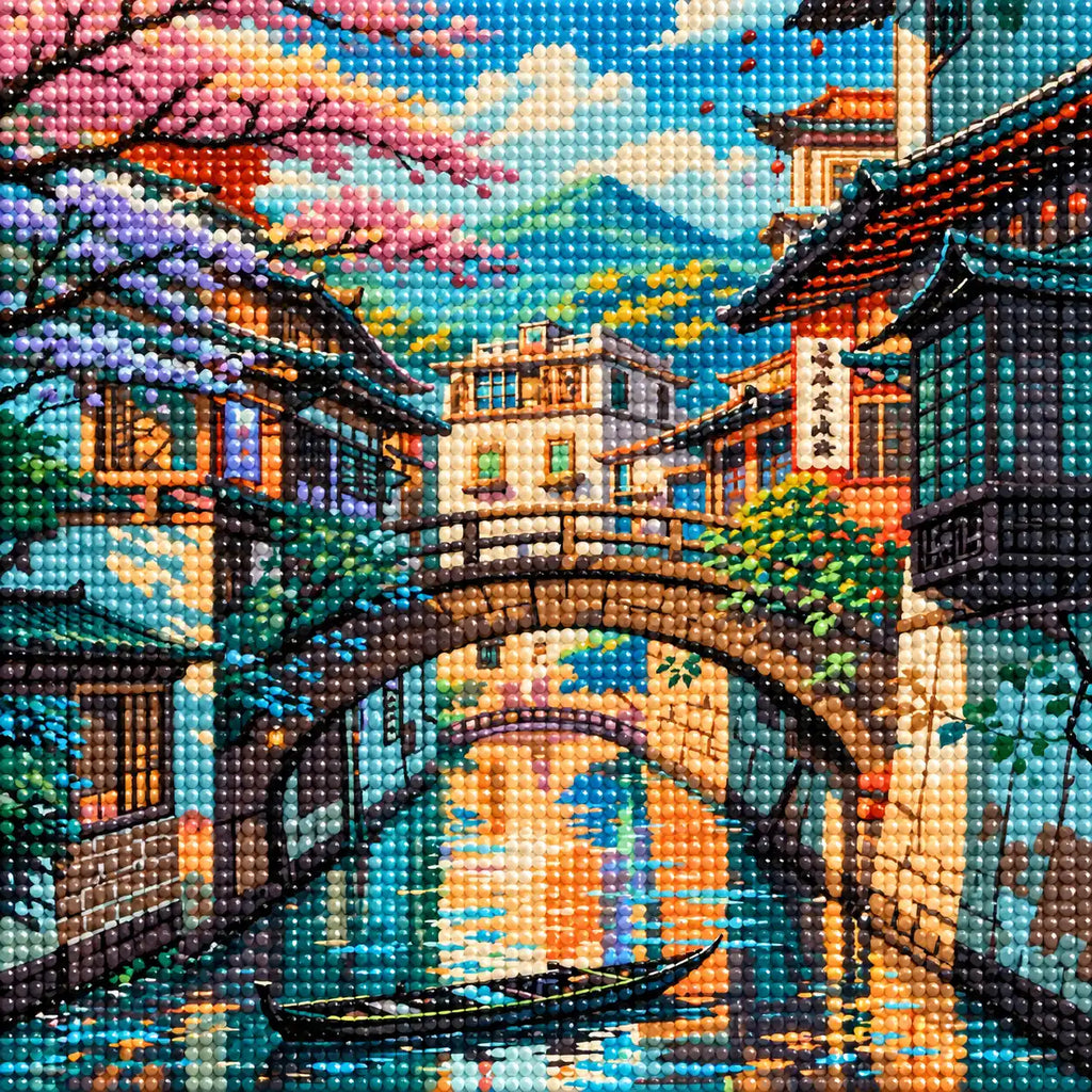 Close-up of the sparkling drill texture in the Tranquil Village Canal diamond painting.