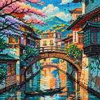 Close-up of the sparkling drill texture in the Tranquil Village Canal diamond painting.