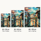 Size guide for Tranquil Village Canal Diamond Painting Kit: 20 × 30, 30 × 40, and 40 × 50 cm.