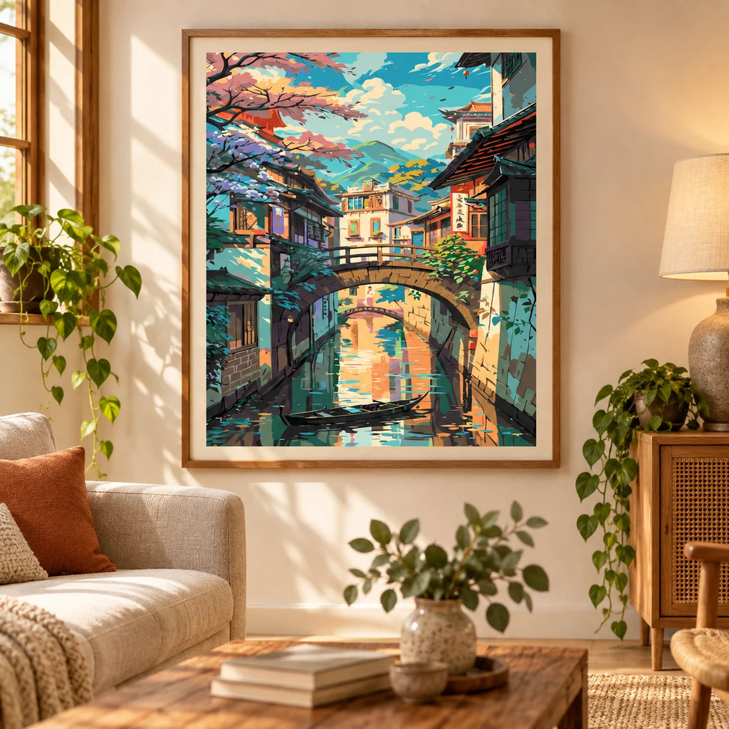 Tranquil Village Canal diamond painting displayed as home wall decor.